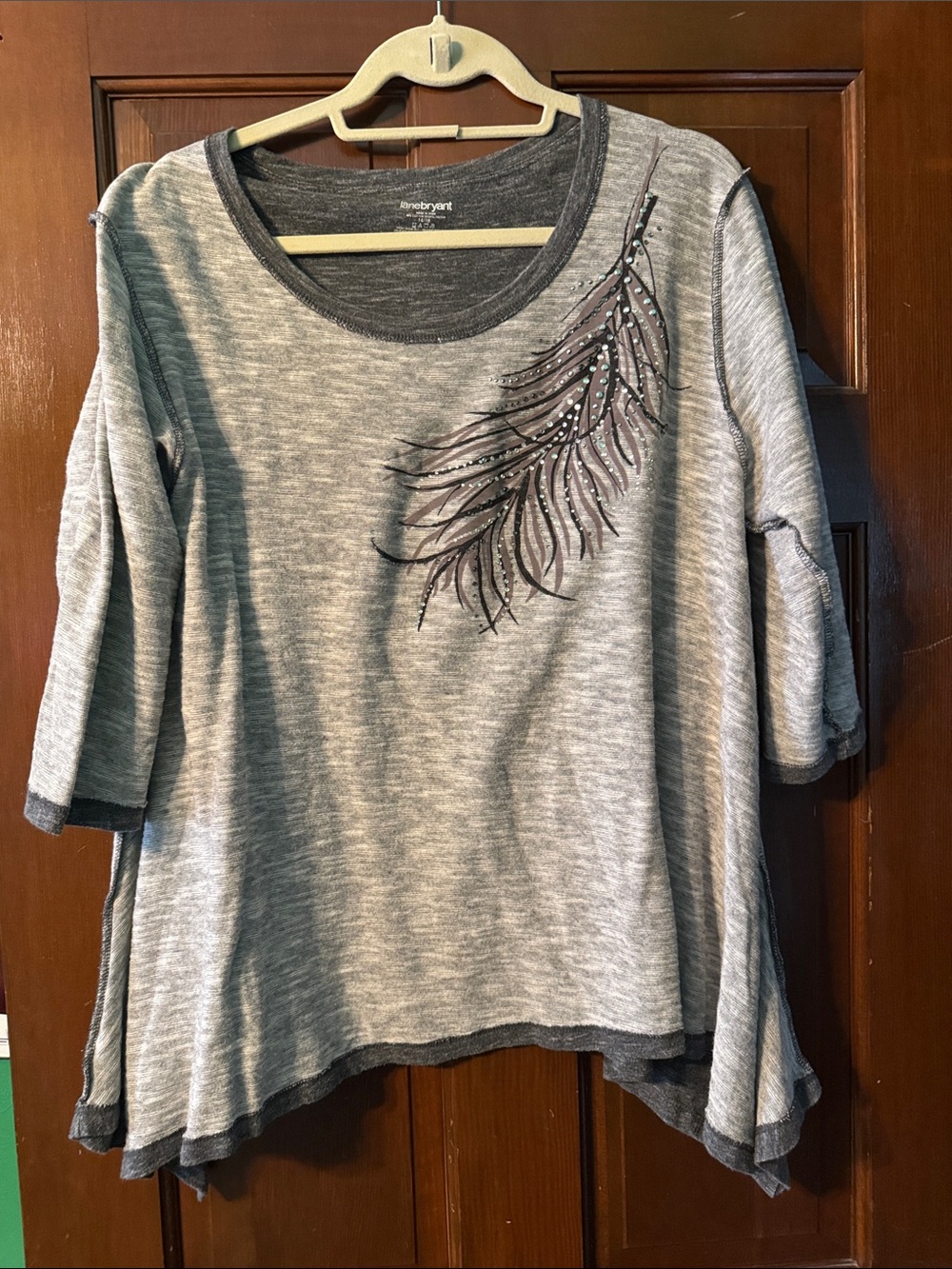Lane Bryant Gray Scoop Neck Long Sleeve Top with Feather Motif 14/16
